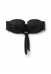 Černý bandeau bikiny top s vycpanými košíčky, nařasenými boky a detailem zavazování v přední části. Vyrobeno z elastického a hladkého materiálu.