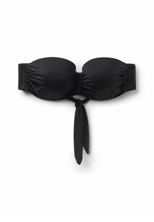 Top de bikini negro tipo bandeau con copas acolchadas, lados recogidos y detalle de nudo en el frente. Fabricado en un tejido elástico y suave.
