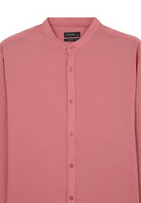 Pink, lightweight shirt with a mandarin collar, featuring a textured fabric, button closure, and long sleeves. Brand label visible inside.