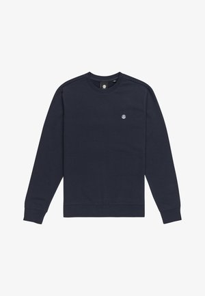 Navy crewneck sweatshirt made from cotton, featuring ribbed cuffs and hem, with a small emblem on the chest and a classic fit.