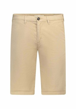Pantaloni corti in cotone beige con taglio dritto classico, chiusura con bottone, passanti per la cintura e una leggera texture, che arrivano appena sopra il ginocchio.