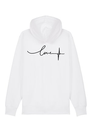 Fehér kapucnis pulóver, fekete dőlt betűs "love" felirattal és egy szívverésvonalal felette. Puha anyag, bordázott mandzsettákkal és szegéllyel.