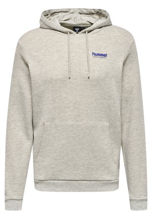 Hellgrau Hoodie aus strukturiertem Stoff, mit einer Fronttasche, Kordeln und einem blauen Logo auf der Brust. Rippstrickbündchen und Saum.