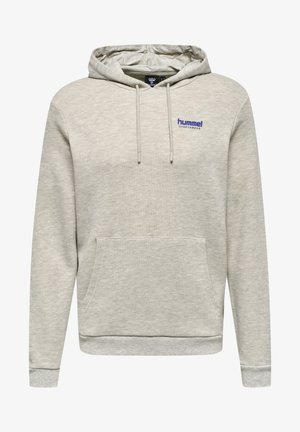 Hellgrau Hoodie aus strukturiertem Stoff, mit einer Fronttasche, Kordeln und einem blauen Logo auf der Brust. Rippstrickbündchen und Saum.