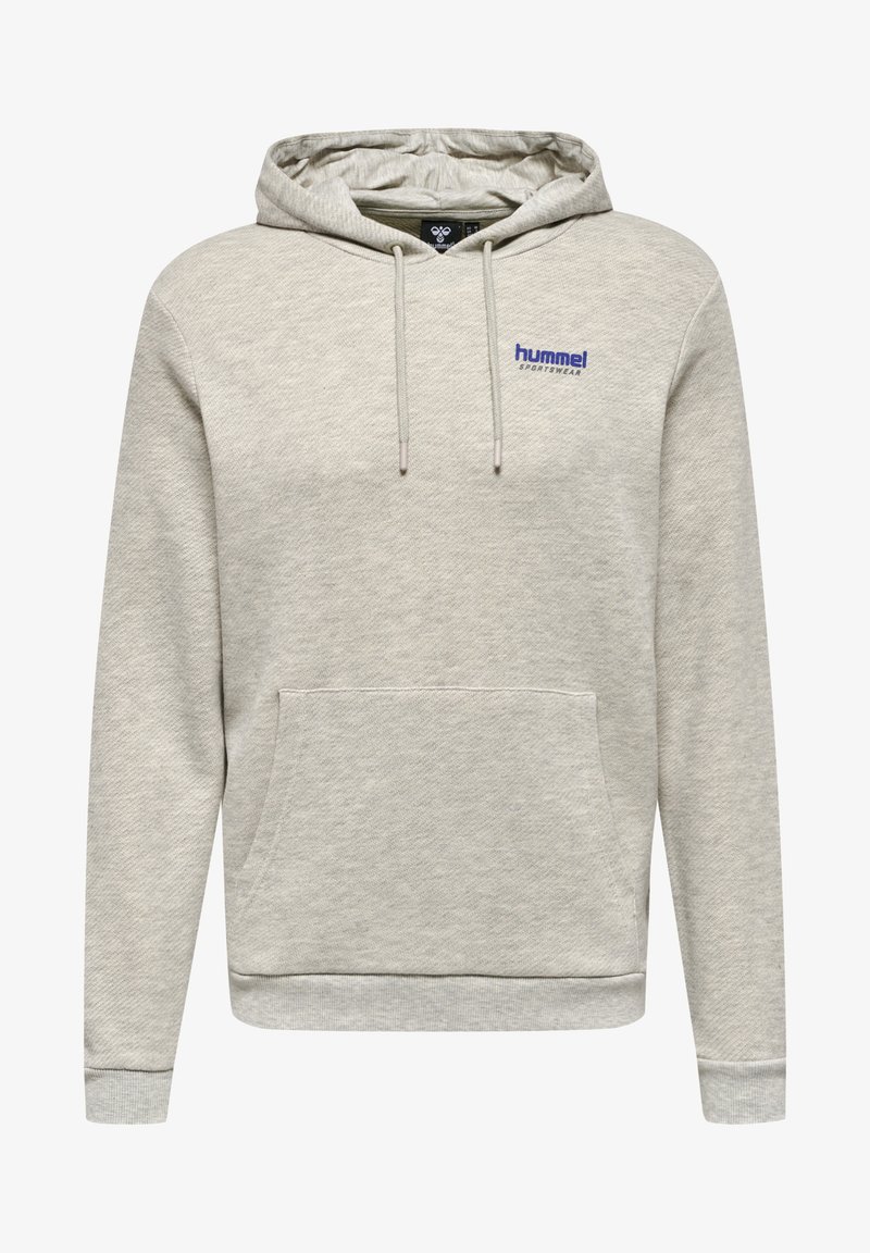 Felpa grigia chiara realizzata in tessuto testurizzato, con tasca frontale, lacci e un logo blu sul petto. Polsini e orlo a costine.