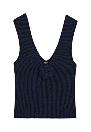 Navy-blaues, geripptes Kurzarmoberteil ohne Ärmel mit tiefem V-Ausschnitt und einer Häkelblumenverzierung in der Mitte vorne. Weicher Stoff, figurbetonter Schnitt.