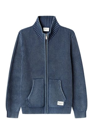 Blauer gestrickter Zip-Cardigan mit hohem geripptem Kragen, zwei Fronttaschen sowie gerippten Bündchen und Saum.