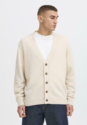 Young man in a beige cardigan over a white shirt, with short hair and neutral expression, set against a plain white background.