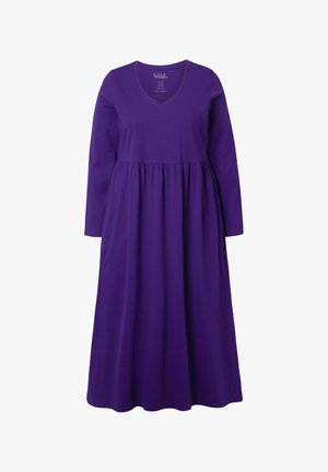 Paarse jurk met lange mouwen, een V-hals, een geraffineerde taille en een vloeiende A-lijn silhouet. Gemaakt van zachte, gladde stof.