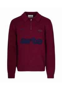Maglione a maglia borgogna con collo a zip, caratterizzato da un grande logo navy "arte" sul davanti e polsini e orlo a coste.