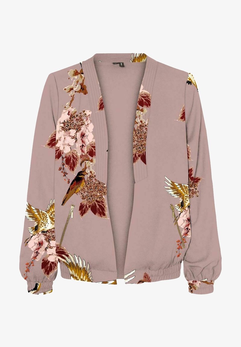 Lichtroze bomberjack met bloem- en vogelpatronen. Voorzien van geribde manchetten en zoom, open voorkant en een gladde stoftextuur.