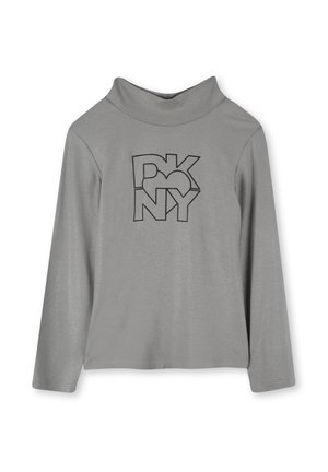 Grijze lange mouw top met een colkraag, met een zwart logo ontwerp dat "DKNY" en een hartvorm combineert. Gladde textuur en moderne snit.