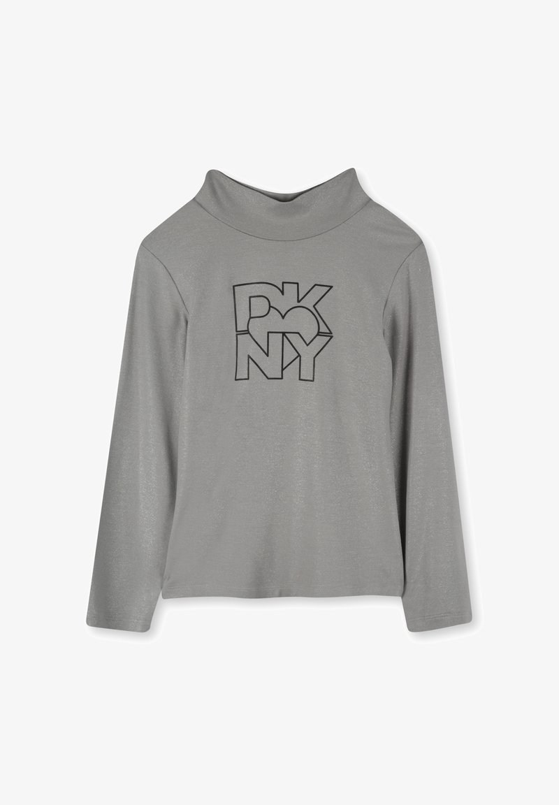 Top gris de manga larga con cuello tipo cowl, que presenta un diseño de logo negro que combina "DKNY" y una forma de corazón. Textura suave y corte moderno.