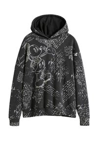 Zwarte hoodie met een trekkoord, voorzien van een witte Mickey Mouse grafiek en handgeschreven tekst in een schetsstijl over de stof.