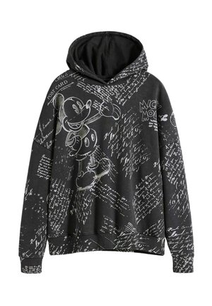 Black hoodie with a drawstring, featuring a white Mickey Mouse graphic and handwritten text in a sketch style across the fabric.
