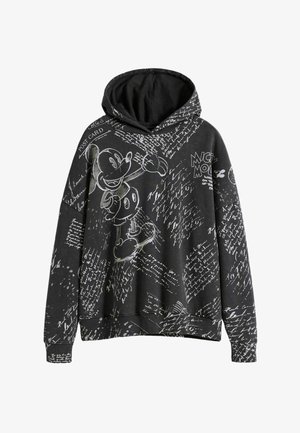 Sudadera negra con capucha y cordón, con un gráfico blanco de Mickey Mouse y texto manuscrito en estilo boceto a lo largo de la tela.
