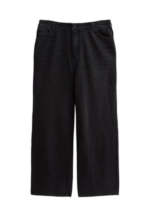 Jean denim noir à jambes larges avec cinq poches, passants pour ceinture, fermeture par bouton et fermeture éclair, présenté à plat sur un fond blanc.