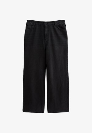 Jean denim noir à jambes larges avec cinq poches, passants pour ceinture, fermeture par bouton et fermeture éclair, présenté à plat sur un fond blanc.