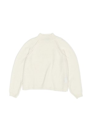 Pull couleur crème avec un col haut et des manches raglan. Tissu en maille douce et texturée avec des coutures discrètes le long des épaules et de l'ourlet.