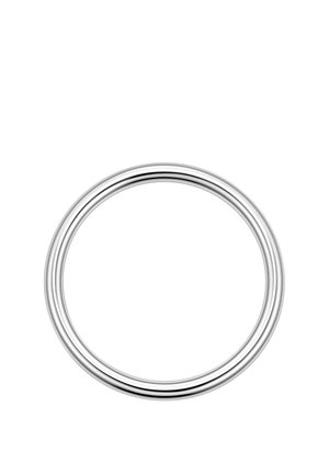 Anillo de metal plateado brillante con una superficie lisa y redondeada, mostrado sobre un fondo blanco liso.