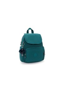 Zaino in tessuto verde acqua con patta pieghevole, tasca frontale con zip e charm in pelliccia decorativo. Presenta un logo cucito e spallacci regolabili.