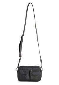 Compact black crossbody bag made of durable fabric, featuring two front pockets, adjustable strap, and a zippered main compartment.