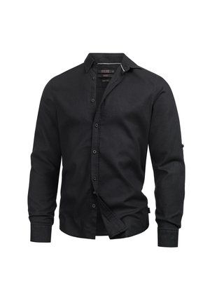 Zwarte langpolsblouse gemaakt van een linnenmix. Heeft een knoopsluiting aan de voorkant, een kraag en manchetten met een subtiele textuur. Klassiek model.