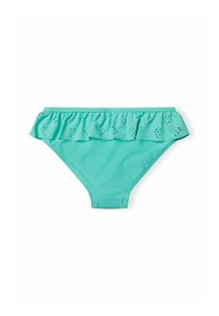 Slip in un bikini teal con una cintura arricciata. Presenta dettagli tagliati al laser sul ruffle, realizzato in un tessuto liscio e stretchy.