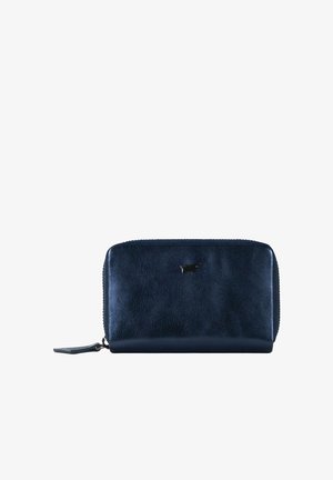 Portafoglio in pelle blu navy con una texture liscia; presenta una chiusura con zip e un piccolo accento del logo nero. Forma rettangolare, design minimalista.
