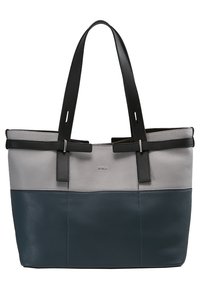 Borsa a tracolla in pelle bicolore grigia e blu scuro con manici neri e dettagli in fibbia argentata.