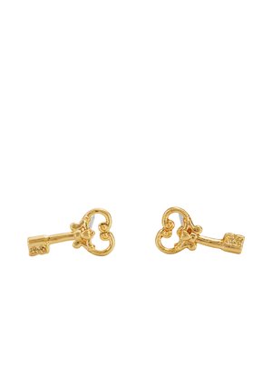 Small gold key-shaped stud earrings with intricate heart and swirl designs on a white background.