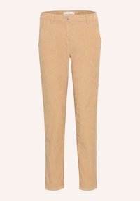 Pantalon en velours côtelé beige clair, présentant une coupe slim, un design à cinq poches, une fermeture avant par bouton, et une texture côtelée subtile.