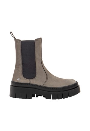 Gray suede mid-calf boot with black elastic side panels, thick black lug sole, and pull tab at the back.