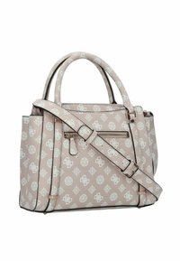 Paarse neplederen handtas met witte geometrische patronen, dubbele bovenhandvaten, een afneembare schouderriem en een ritsvak aan de voorkant.