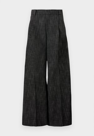 Black wide-leg trousers with a textured pattern and pleats, featuring a tailored waistband and refined cut, minimal detailing.