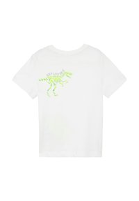 Witte katoenen t-shirt met een groen en grijs dinosaurusskelet graphic met het woord "Exploring" erboven. Klassiek crew neck ontwerp.
