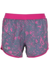 Grijze sportshorts met een roze spetterpatroon, elastische tailleband en zijsplitten voor bewegingsvrijheid. Kenmerkt het Under Armour-logo aan de onderkant links.