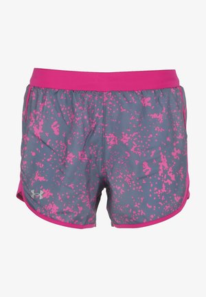Grå atletiska shorts med rosa sprutmönster, elastisk midja och sidofickor för rörlighet. Har Under Armour-logotypen på nedre vänstra sidan.