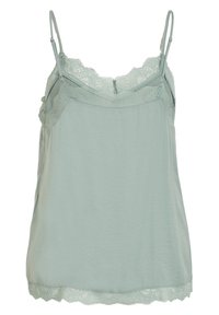 Vaaleanvihreä tanktoppi, jonka kauluksessa ja helmassa on pitsikoristeita. Säädettävät olkaimet. Sujuva kangas, jossa on pehmeä ja virtaava rakenne.