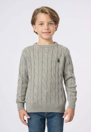 Maglione grigio a maglia con maniche lunghe, polsini e orlo a coste. Presenta un piccolo logo nero sul petto. Abbinato a jeans blu.