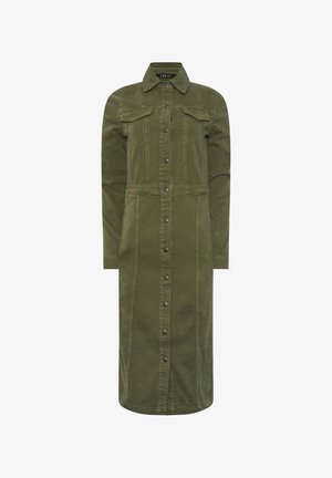 Lang olivengrøn skjortekjole med krave, brystlommer med klap og lange ærmer.