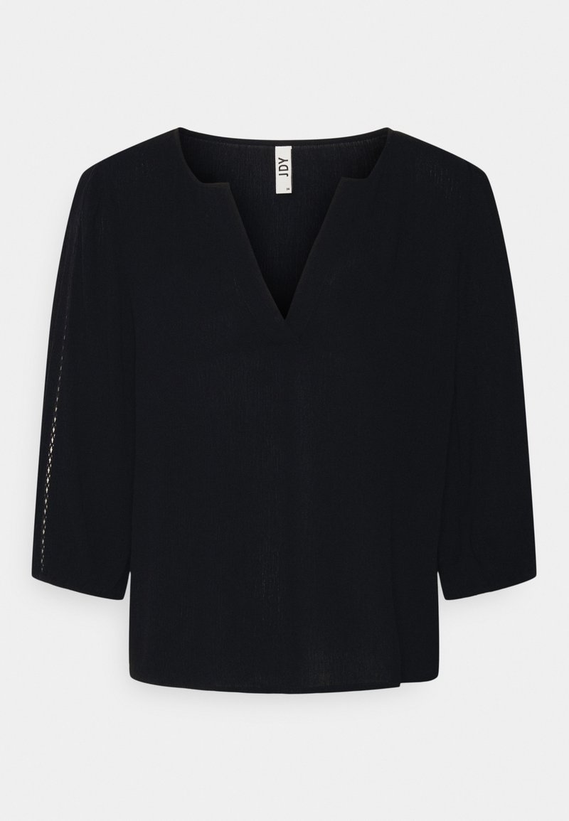 Black blouse with a V-shaped neckline, three-quarter sleeves, and subtle textured fabric, displayed against a light background.