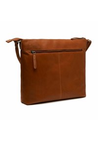 Borsa a tracolla in pelle marrone con chiusura superiore a zip, tasca frontale con zip, texture liscia e tracolla regolabile. Forma rettangolare con cuciture minime.