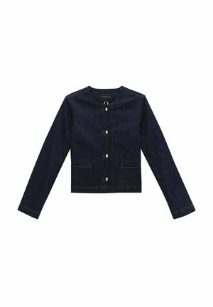 Dark denim jacket with a round neckline, long sleeves, and front button closure. Features two side pockets and gold-tone hardware accents.