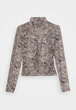 Long-sleeve turtleneck top with gray and black snakeskin pattern, slim fit, and lightweight fabric.