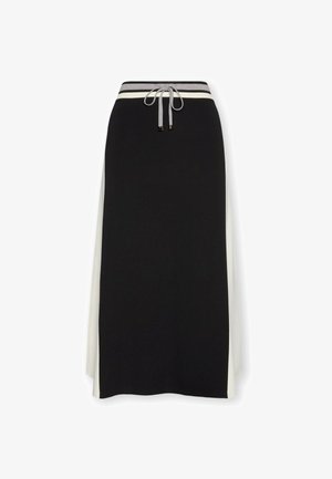 Schwarz-weißer asymmetrischer Rock mit Kordelzug an der Taille, der eine glatte Textur und kontrastierende Seitenteile aufweist.