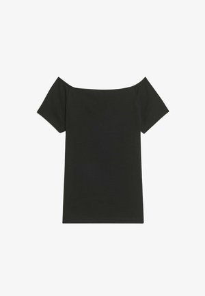 Svart off-shoulder t-shirt med korta ärmar, gjord av mjukt tyg, med en enkel, rak skärning utan utsmyckningar.