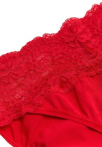 Lencería de encaje rojo con intrincados patrones florales a lo largo de la cinturilla, y un cuerpo de tela suave que exhibe una textura sleek y suave.