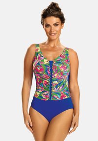 Jednoczęściowy strój kąpielowy z kolorową, kwiecistą górą z marszczeniami i detalami w postaci guziczków, połączony z jednolitą, niebieską dolną częścią. Elastyczny materiał.