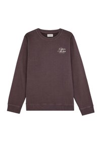 Felpa marrone a collo rotondo con maniche lunghe, polsini e fondo a coste. Presenta un logo bianco nella zona sinistra del petto. Materiale in misto cotone.